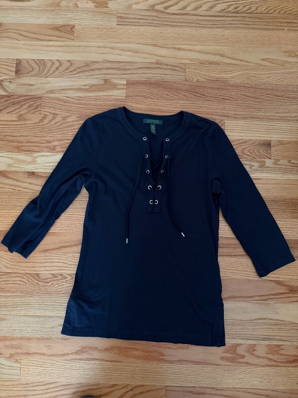 Lauren Ralph Lauren Women’s Navy Lace-Up 3/4 Sleeve Top Size M